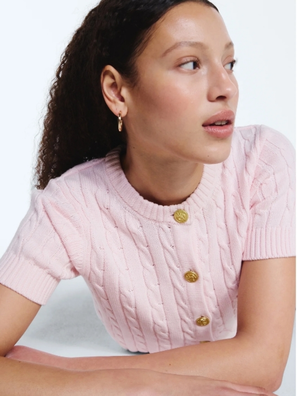 Free Assembly Cotton Pink Cable-Knit Short Sleeve Cardigan Sweater Top Size L